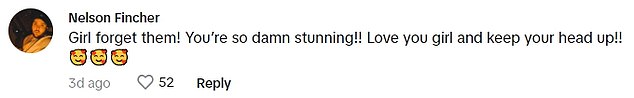 Her video racked up over half a million views and was quickly flooded with support, as one person wrote: 'Amen Tammy!  You banging sister.  You look great twins