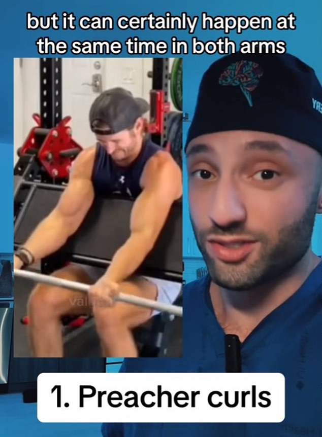 Preacher curls performed with a barbell were the most dangerous move, said Dr. Z. He showed a video of a man flexing both biceps