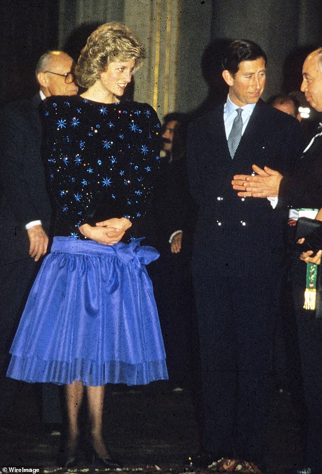 Diana initially donned the dress in Italy in 1985 during a royal tour with her then husband Charles, Prince of Wales (pictured) and again with the Vancouver Symphony Orchestra in 1986