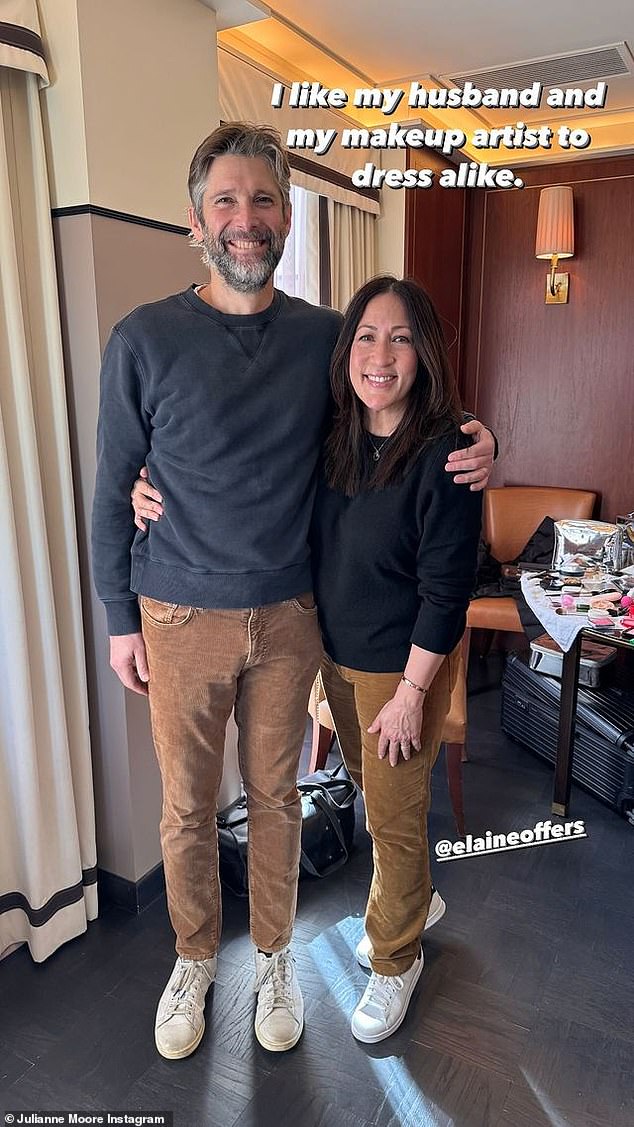 On Tuesday, Moore posted a photo of her make-up artist Elaine Offers Woulard (R) who is twinning with her second husband Bart Freundlich (L): 'I like that my husband and my make-up artist dress alike!'