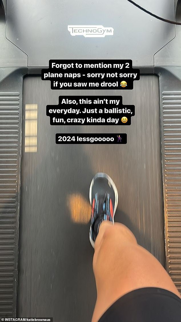 Katie also shared a photo of herself running on a treadmill.  In her caption, she added: 'Forgot to mention my two naps on the plane – sorry, not sorry if you saw me drooling (laughing-crying emoji