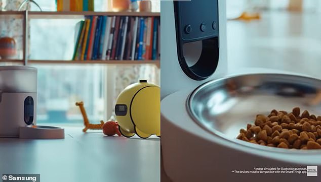 When Ballie is connected to other smart home devices, Samsung says, Ballie can activate them.  It's unclear why you would want to tell the robot to tell the pet food dispenser to dispense food, when you can simply operate the device without the robot intermediary