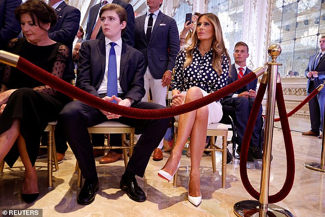 Melania Trump sits with son Barron Trump and her mother Amalija Knavs at Mar-a-Lago in November 2022 as Donald Trump announces he will run for president again in 2024