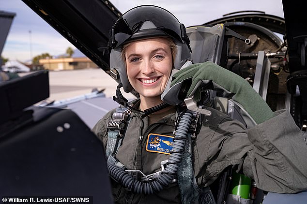 The 22-year-old Harvard University student was crowned Miss Colorado in May 2023, just before graduating from the United States Air Force Academy (USAFA) and starting work as an Air Force officer.  In the photo, she is preparing for her introductory flight at Nellis Air Force Base last month