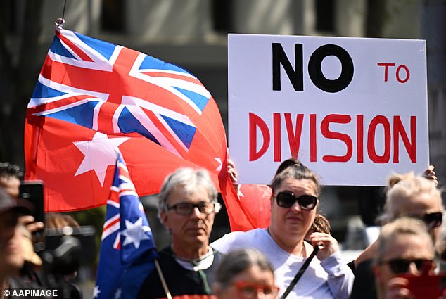 For many First Nations people, Australia Day is considered 'Invasion Day' or the 'Day of Mourning' (photo: people at a rally against the Voice to Parliament in September)