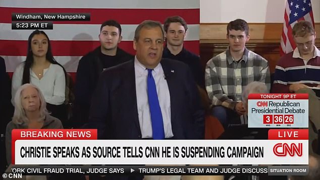 Christie's indictment of Trump and his rivals was broadcast on cable TV, although Fox and CNN each dropped before he finished