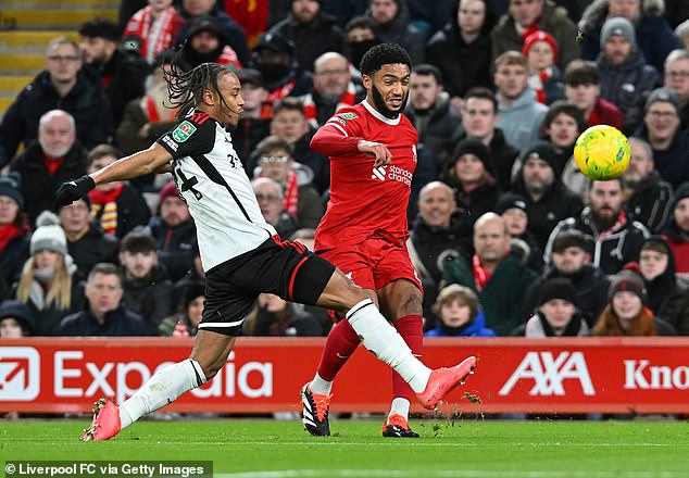 Joe Gomez looked to replicate the runs of left-back regulars Andy Robertson and Kostas Tsimikas