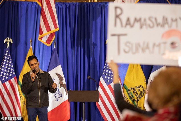 Biotech entrepreneur Vivek Ramaswamy was ineligible for the debate — and will hold a live audience show and afterparty at his campaign headquarters in Iowa on Wednesday.  Pictured: Ramaswamy speaking at the Iowa State Capitol Building in Des Moines on Wednesday afternoon