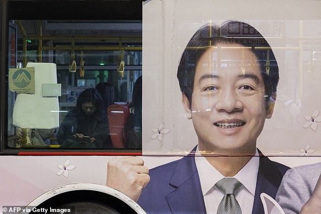 A campaign poster of Lai Ching-te of the ruling Democratic Progressive Party, whom China is wary of amid reports that Lai supports Taiwan's independence