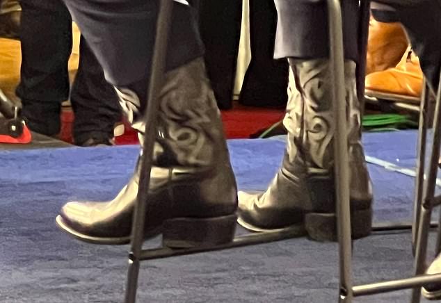 A close-up of Florida Gov. Ron DeSantis' cowboy boots, which he wore to Wednesday night's GOP debate, which Trump derided as 