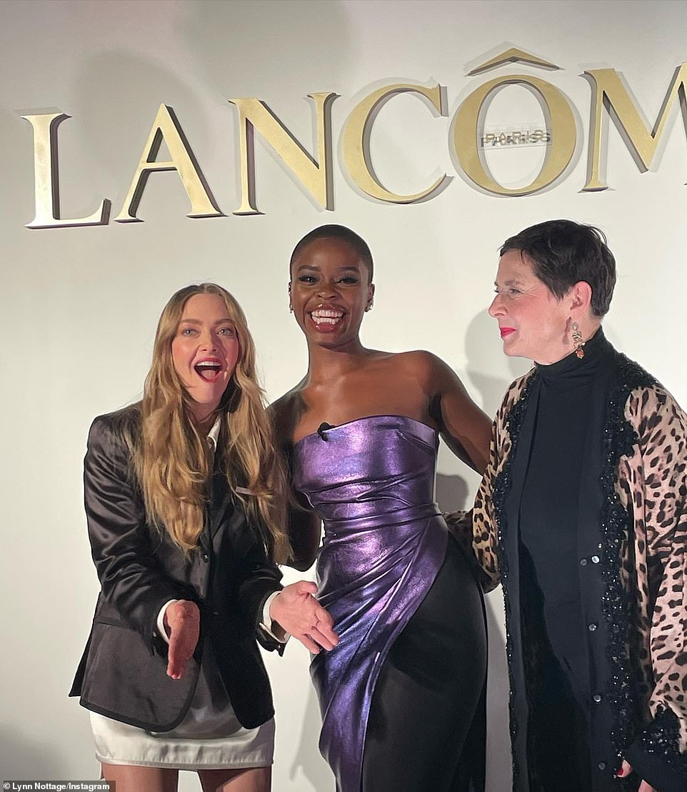 Also present at the cocktail party were Lancôme brand ambassador since 2019 Amanda Seyfried (L) and Lancôme brand ambassador since 1982 Isabella Rossellini (R), who welcomed the newest global ambassador Joy Sunday (M)