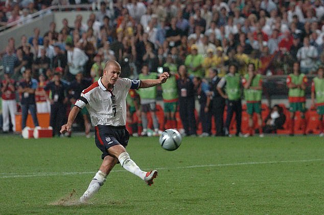 Eriksson took England to three major quarter-finals, losing twice on penalties.  Their first defeat came at the 2004 European Champions. Beckham fired his penalty over the crossbar (above)