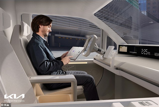 The PV5 cabin doubles as a mobile office with a dashboard-to-desk design and huge infotainment screens