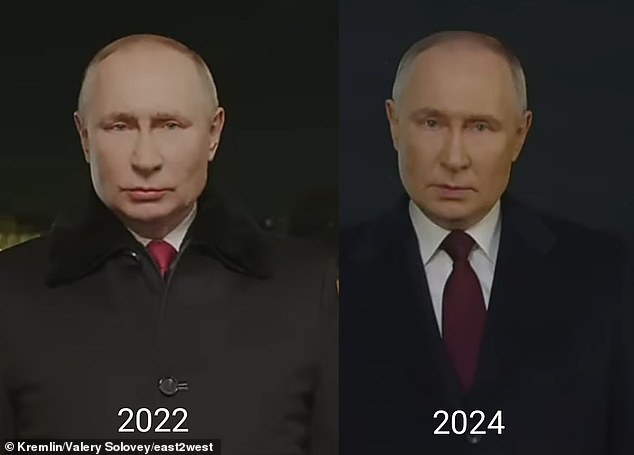 Putin was seen addressing the nation this year (right), compared to a speech two years ago in 2022, further fueling rumors that he had been replaced by a double