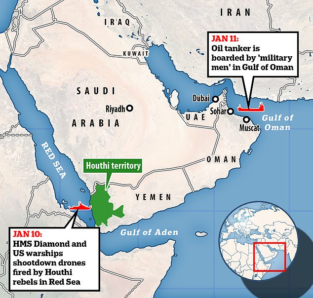 The British Army's Maritime Trade Operations said the incident began early in the morning, in the waters between Oman and Iran, 50 nautical miles east of Oman's Sohar.