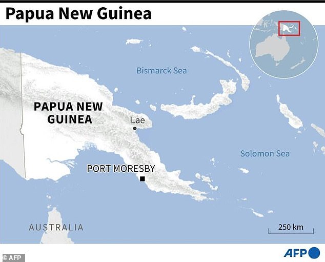 A map of Papua New Guinea is shown showing the cities of Port Moresby and Lae, with Australia less than 200 km away at the nearest point