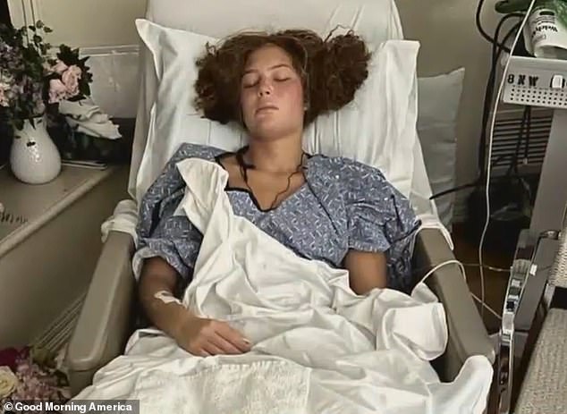 Isabella says she realized something was seriously wrong after she started vomiting blood - and shortly afterwards learned she had developed a 'fast-growing 4cm tumor in the back of her brain'.