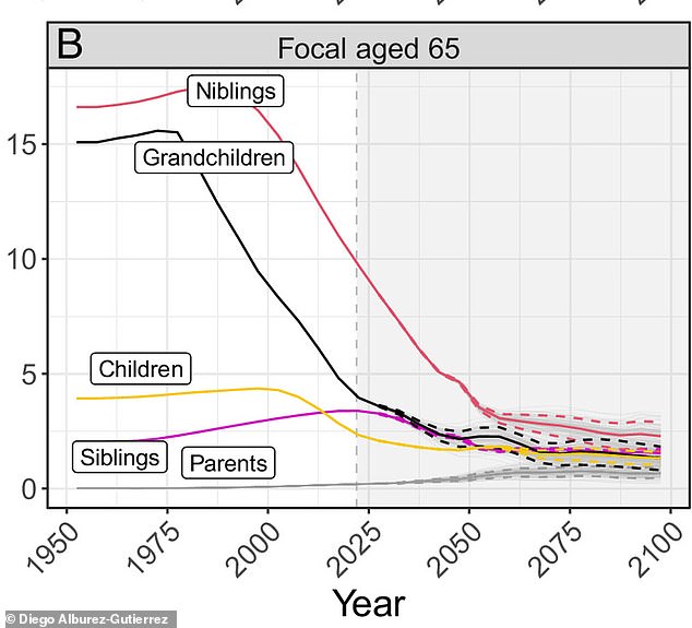 This graph shows that the family of a 65-year-old woman in China will become a lot smaller in the future, meaning they will have fewer relatives to call on for help and support