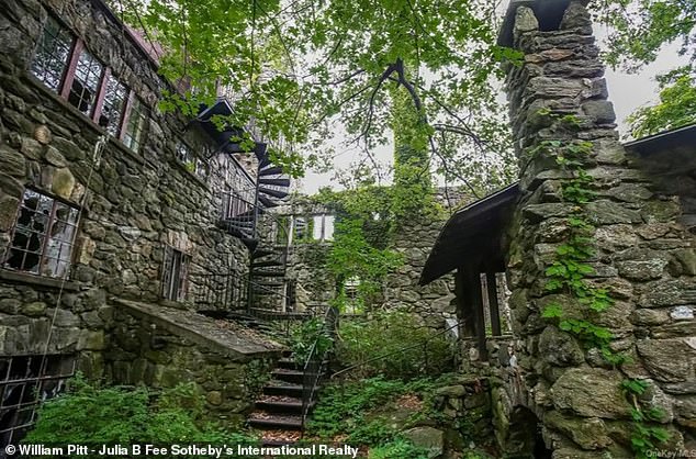 This property still has unique features that are still intact.  A steel iron spiral staircase leading to a tower attached to the castle remains in place and the fireplace on the outside terrace is still usable