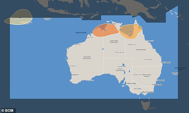 The three systems (pictured above) all have a low chance of developing into cyclones, but will still bring heavy rain and potentially damaging winds to northern Australia