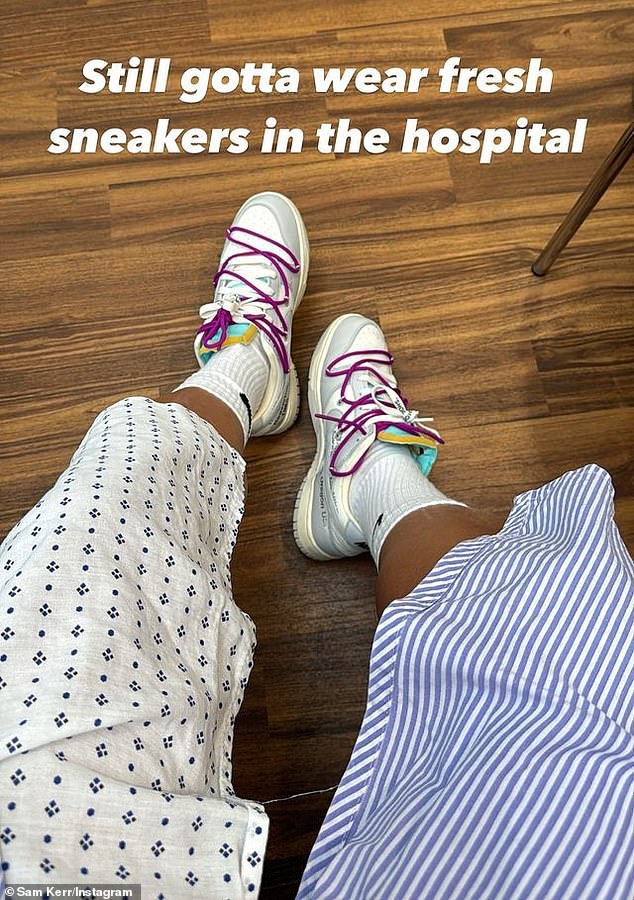 The 30-year-old striker took to Instagram before going under the knife, telling her 1.8 million followers 'still having to wear new sneakers in hospital'