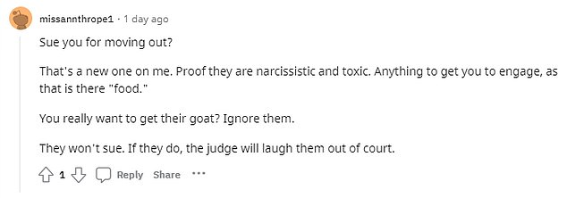 Reddit was quickly flooded with comments as most readers seemed to side with the woman, as one wrote: “Sounds like you made the right decision.  These people sound toxic