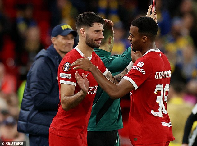 Ryan Gravenberch (right), Harvey Elliott and Joe Gomez have all been substituted more than ten times midway through games