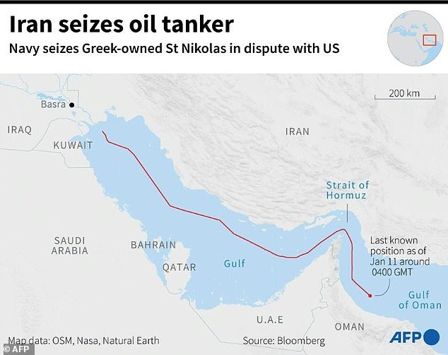 A map showing the region around the Gulf of Oman where the oil tanker St Nikolas was seized by the Iranian Navy