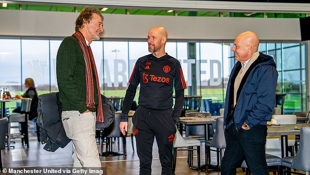 Ratcliffe and Sir Dave Brailsford talk to United boss Erik ten Hag during a visit to Carrington