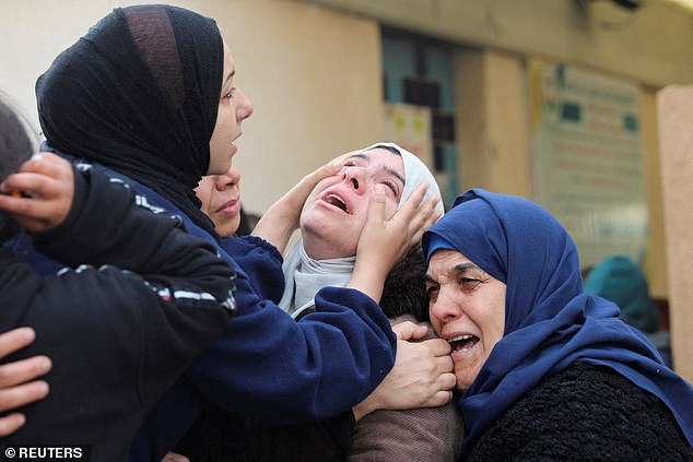 Mourners react during the funeral of Palestinians killed in an Israeli attack in Khan Younis in the southern Gaza Strip, January 12