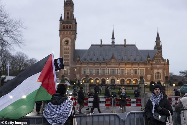 A Palestinian flag is raised by a protester in front of the International Court of Justice as a second day of hearings takes place