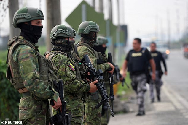 Soldiers stand guard outside the Zone 8 prison after Ecuadorian President Daniel Noboa declared a 60-day state of emergency following the disappearance of Adolfo Macias, leader of the Los Choneros criminal gang, from prison where he was serving a 34-year sentence.  Guayaquil, Ecuador, January 11, 2024