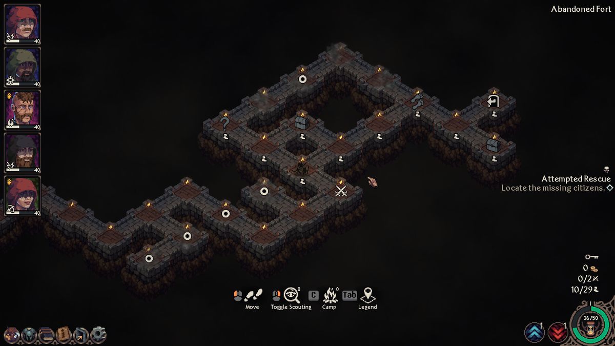 An overhead view of a dungeon, divided into individual rooms, in The Iron Oath.  The dungeon splits into several paths, each marked with their own points of interest.