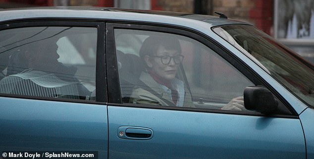 The Hollywood star, 54, was captured on set wearing an ash blonde short wig and was seen behind the wheel of a car as she filmed driving scenes