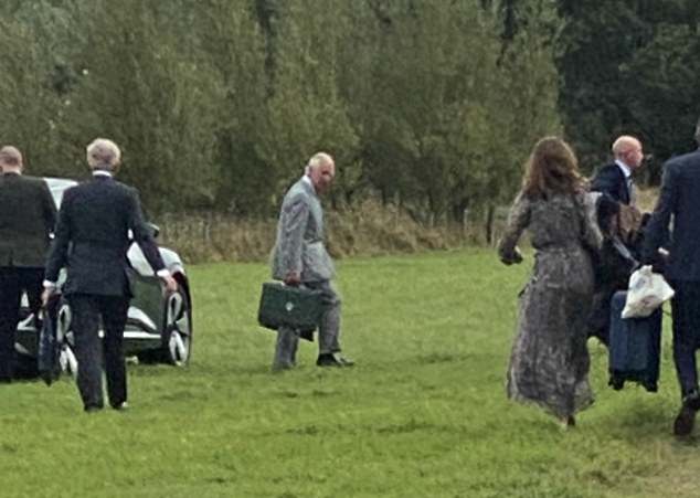 Charles, who had gone out to collect mushrooms and clear his head after seeing his mother, received the news that she had died while driving back to Balmoral when his top aide was called.  Above: King Charles, then Prince of Wales, boards a helicopter from Dumfries House to Balmoral on the morning of September 8, 2022