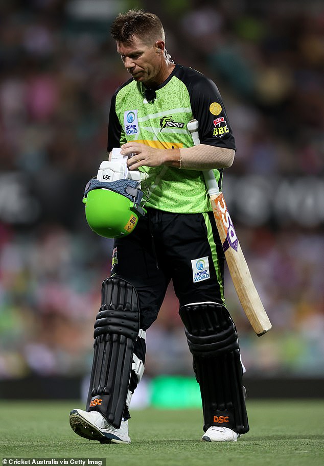 The $5000 flight - reportedly paid for by Cricket Australia and the Thunder - proved in vain as the Sixers won by 19 runs (Warner is pictured, after his dismissal)