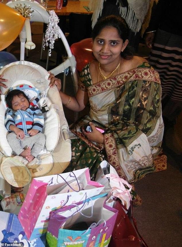 Rishwika's (center in photo) mother Sravanthi Thirumalareddy (pictured left) spent hours at the crime scene after her daughter's death as family and friends rushed to comfort the young mother