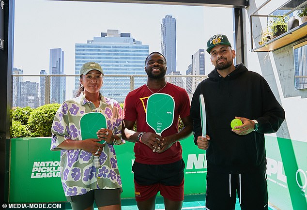 Despite their bitter war of words last year, Kyrgios said he would welcome any potential awkwardness with the 56-year-old retired sportsman.  Pictured with fellow tennis players Naomi Osaka and Frances Tiafoe