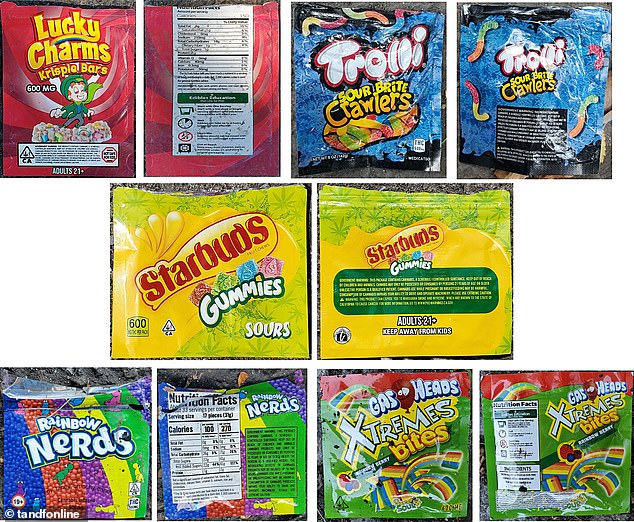 Teenagers are being lured by colorfully packaged, candy-like products that leave them vulnerable to higher rates of dependency, psychosis and dropping out of school, researchers warn.  Pictured: Child-friendly cannabis gummy packaging on illegal products