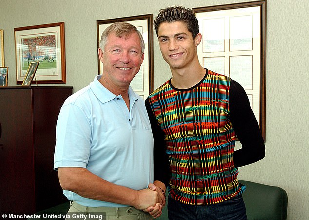 Ronaldo with Sir Alex Ferguson at the unveiling of Manchester United in August 2003. The Portuguese superstar, then 18, looked completely unrecognizable from his physique today.