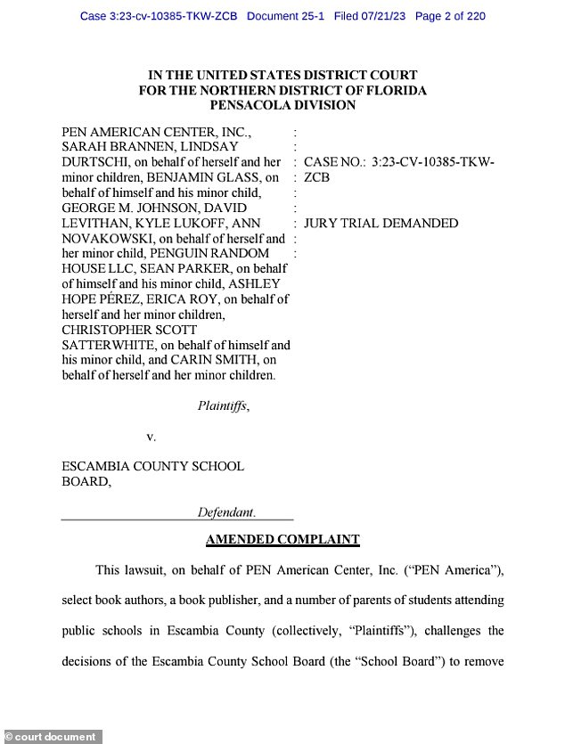 Parents of students at Escambia schools went to court Wednesday, joining a lawsuit led by PEN America, a free speech advocacy group