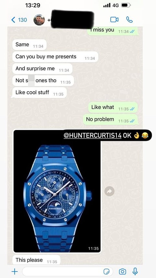 Roxy shared a photo of a WhatsApp message exchange with her nine-year-old Hunter, where the boy asked for gifts