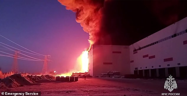 The fire is at full strength in the warehouse in St. Petersburg