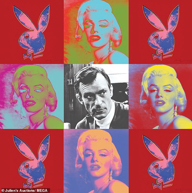 The red painting is decorated with square decals of Monroe's face and the Playboy Bunny icon, with a young Hefner depicted in the center