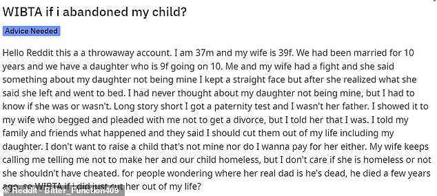 The man explained that even though he raised the young girl for nine years and her biological father is dead, he has no desire to raise or pay for a child who is not biologically his.