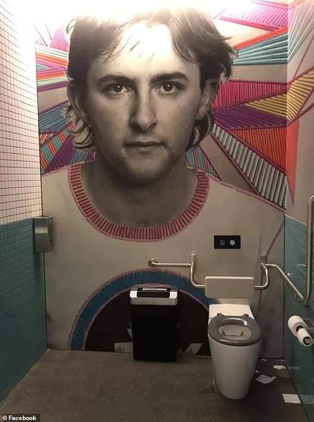 A bizarre mural of Albanians from his younger years adorns the wall of a woman's bathroom in the Marrickville Metro shopping center (pictured)