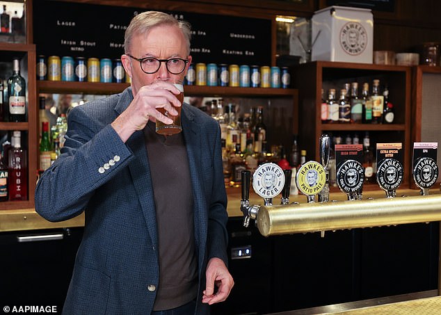 Prime Minister Anthony Albanese has a beer at the Bob Hawke Beer and Leisure Center in Marrickville