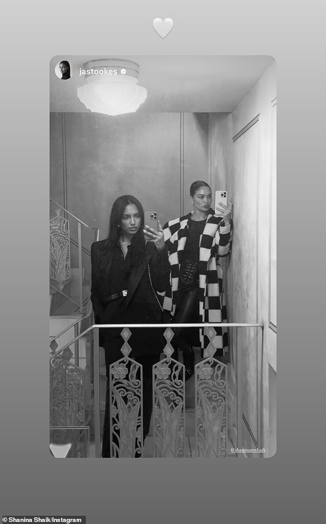 The brunette beauty also shared an image on her Instagram Stories from her night out.  The black and white photo showed Shanina and a friend taking selfies on a landing