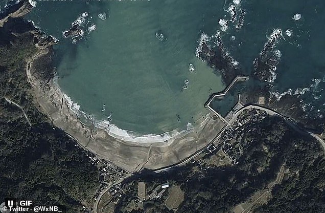 AFTER: Land disturbance occurred along the entire coast of the Noto Peninsula, as these photos show, drying up ports and creating new beaches