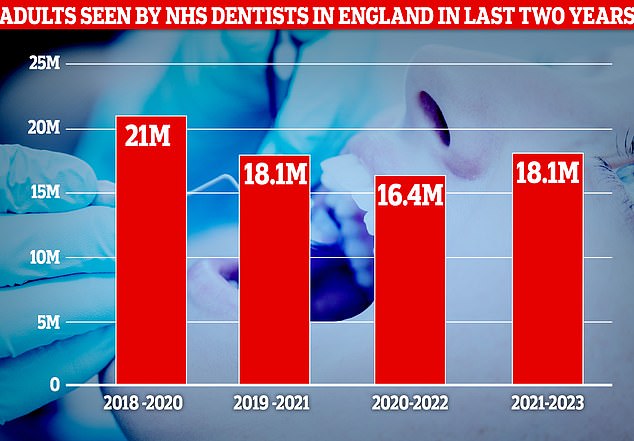 A total of 18.1 million adults visited their dentist in the two years to June 2023, up from 16.4 million in the 24 months to June 2022. But this is still well below 21 million in the two years to June 2020.